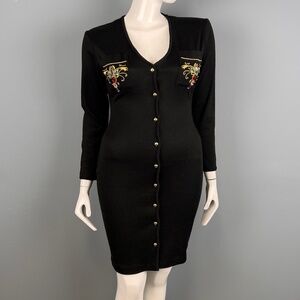 1980s Black Knit Button Up Dress with Jewel Detailing, Size L